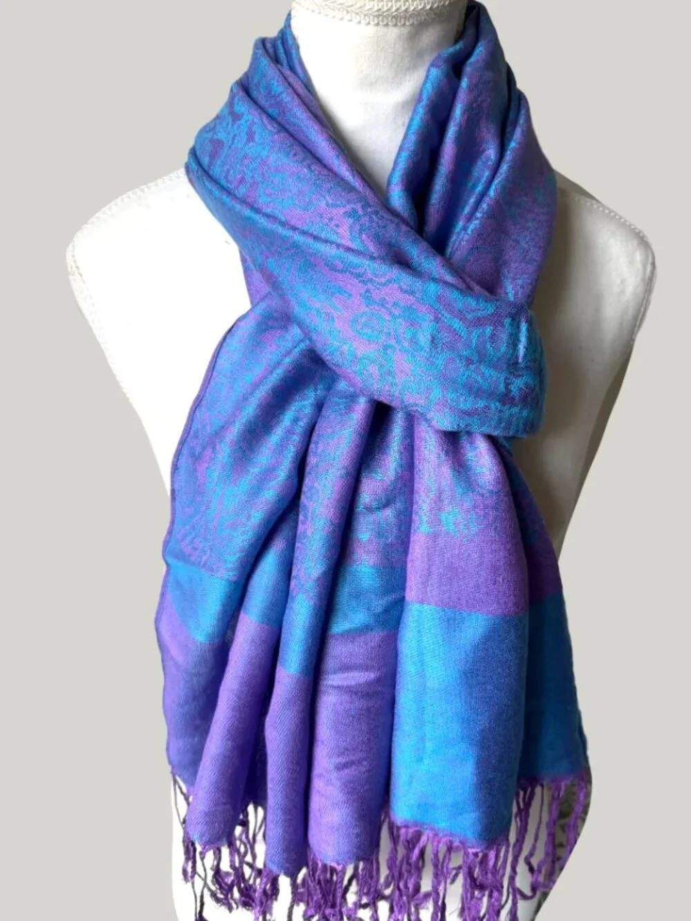 Boho Paisley Pashmina Shawl Scarf – Vibrant Purple & Turquoise Blue – Oversized